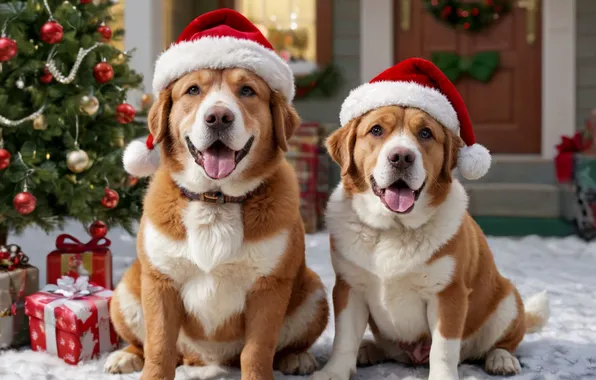 Dogs, house, Christmas, gifts, New year, a couple, two dogs, Christmas tree