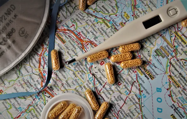 Picture map, distribution, thermometer, pandemic, coronavirus, COVID-19