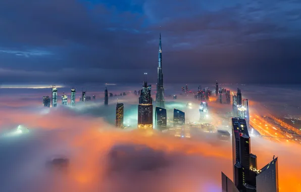 Clouds, the city, lights, fog, the evening, Dubai, UAE