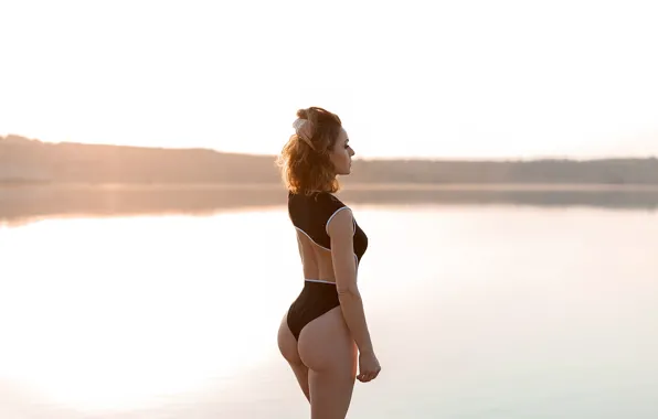Ass, landscape, pose, river, model, figure, hairstyle, brown hair