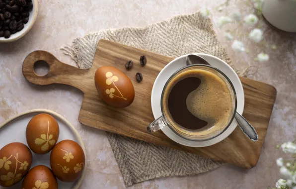 Flowers, table, holiday, pattern, coffee, eggs, spring, Easter