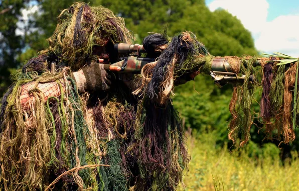 Picture forest, grass, soldiers, optics, shooting, sniper, camouflage, sight