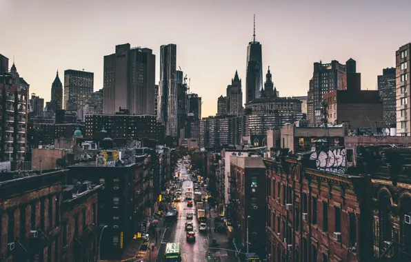 Picture sunset, trucks, movement, street, New York, horizon, Manhattan, cars