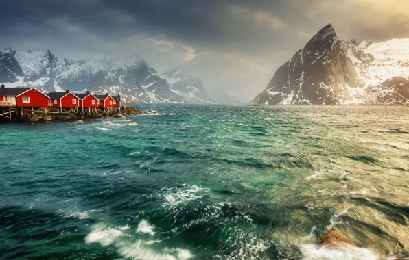 Lofoten Islands, Hamnoy, Windy morning