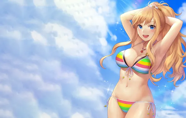 Girl, sexy, cleavage, sky, long hair, boobs, anime, blue eyes