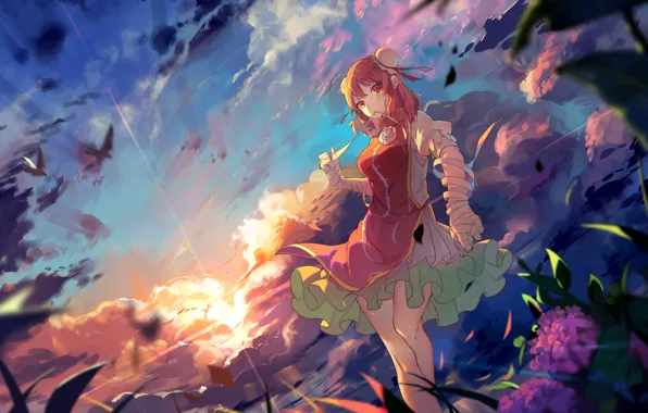 The sky, girl, clouds, sunset, flowers, anime, art, touhou
