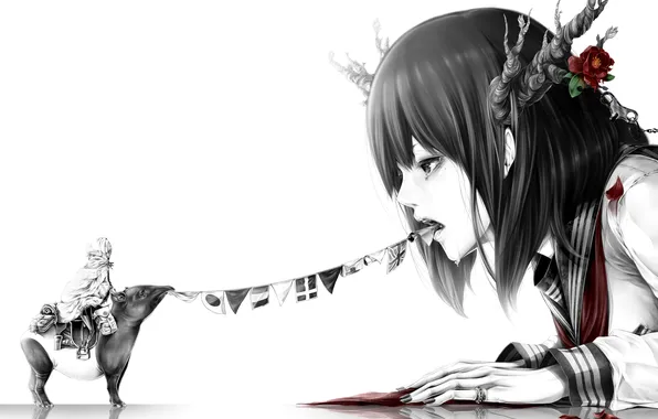 Picture girl, flowers, animal, anime, petals, art, horns, profile