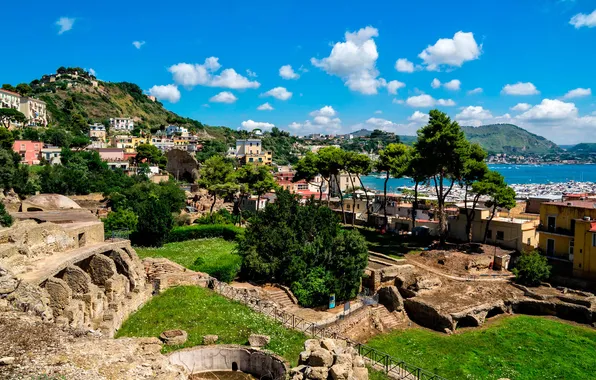 Picture sea, the sky, trees, home, Italy, ruins, Bacoli