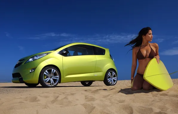 Beach, the sky, girl, surfing, car, chevrolet