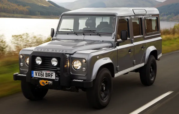 Picture mountains, lake, grey, jeep, SUV, land rover, the front, defender