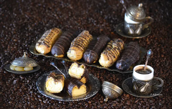 Coffee, chocolate, grain, dessert, eclairs