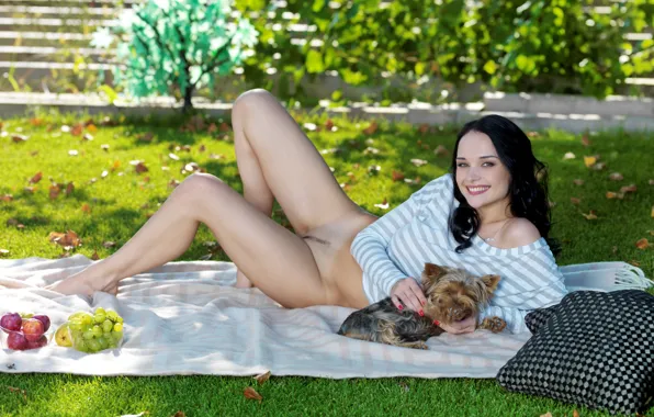 Nature, smile, animal, feet, dog, brunette, Jenya D, fruit