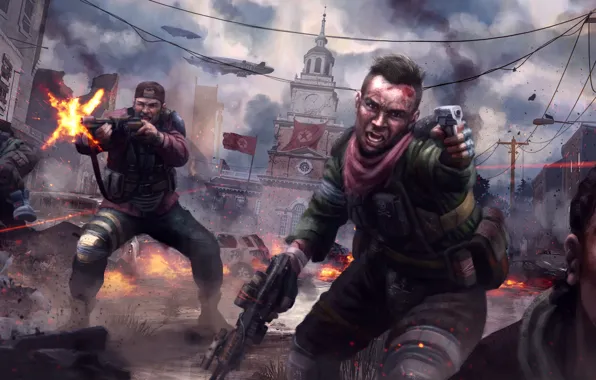 The city, weapons, war, art, soldiers, revolution, the rebels, Homefront: The Revolution