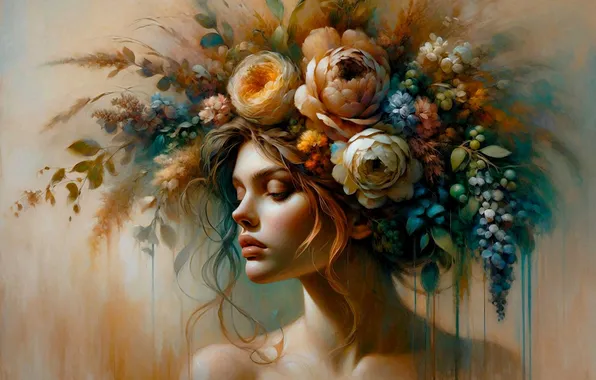 Leaves, girl, flowers, portrait, bouquet, shoulders, wreath, peonies
