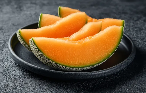 Summer, table, plate, grey background, slices, slices, melon, AI art