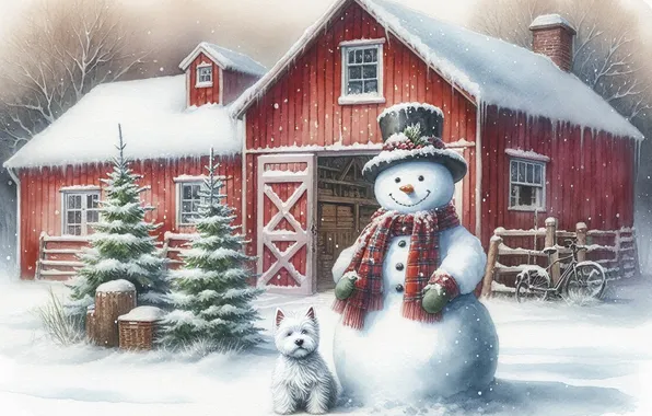 Winter, snow, house, dog, hat, scarf, Christmas, yard