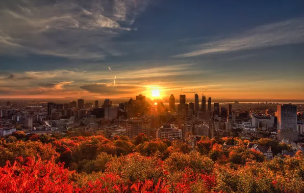 Autumn, the sky, the sun, trees, river, dawn, home, Canada