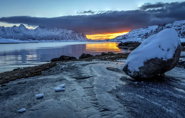 Winter, sea, sunset, Norway, Lofoten Islands