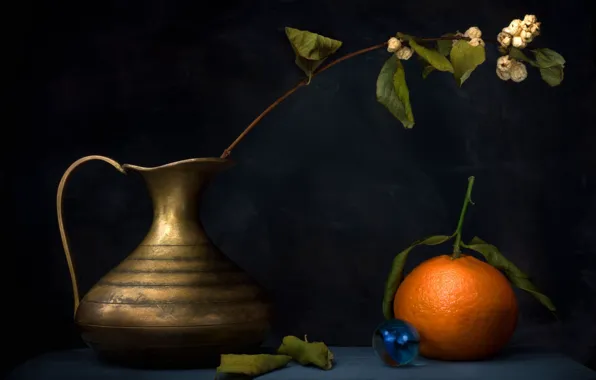Leaves, metal, the dark background, table, orange, branch, ball, fruit
