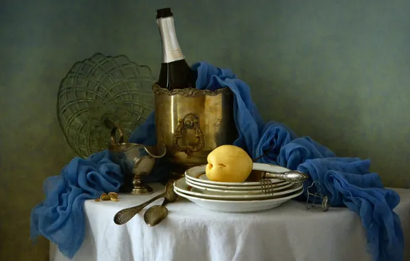 Table, wine, bottle, plates, dishes, fabric, still life, champagne