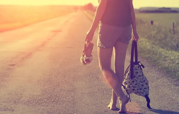 Road, summer, girl, the sun, barefoot, morning, shorts, legs