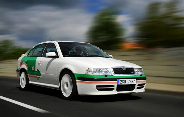 Road, the sky, asphalt, clouds, markup, vegetation, blur, Skoda