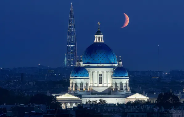 Picture the moon, a month, Saint Petersburg, temple, Russia, night city, skyscraper, Lakhta center