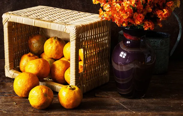 Picture flowers, basket, citrus, tangerines