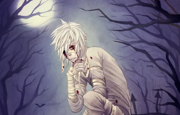 Picture trees, night, the moon, blood, headband, Guy, red eye, bandages