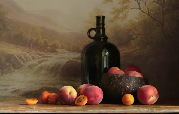Table, background, bottle, bowl, fruit, peaches, apricots
