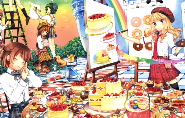 Berries, table, paint, ladder, sweets, cake, cake, Girls