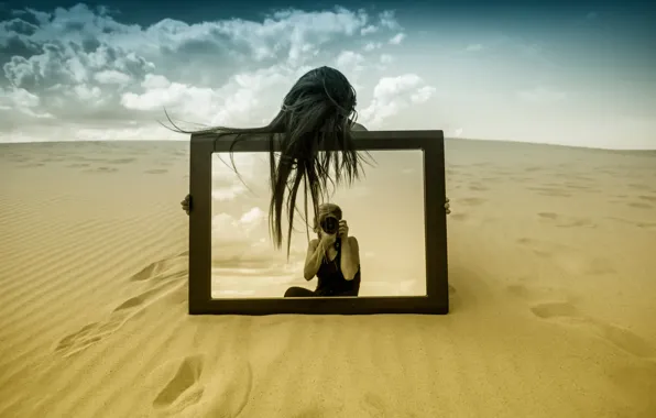 Sand, girl, reflection, mirror, photographer