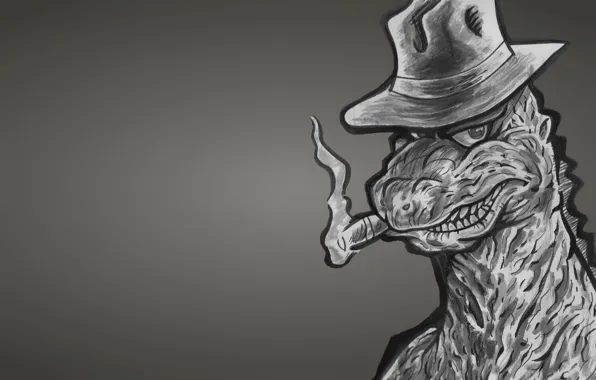 Monster, dinosaur, hat, cigar, gangster, Godzilla, dark background, Godzilla