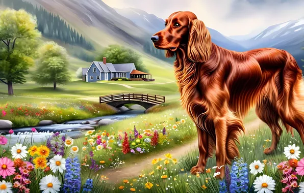 Field, summer, flowers, mountains, stream, dog, village, house