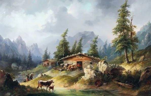 Home, Mountains, Trees, People, Picture, Cows, Austrian artist, Friedrich August Matthias Gauermann