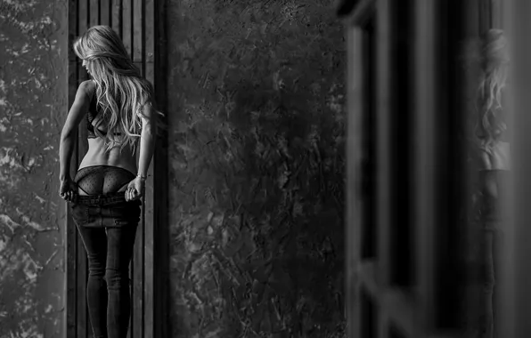Ass, ass, pose, panties, jeans, figure, blonde, black and white