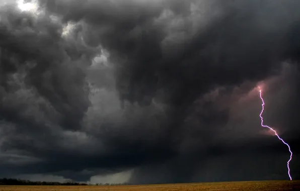 Picture the storm, field, the sky, landscape, clouds, nature, rain, lightning