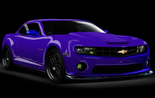 Picture Chevrolet Camaro, Rendering, on a black background, purple car, picture 3D