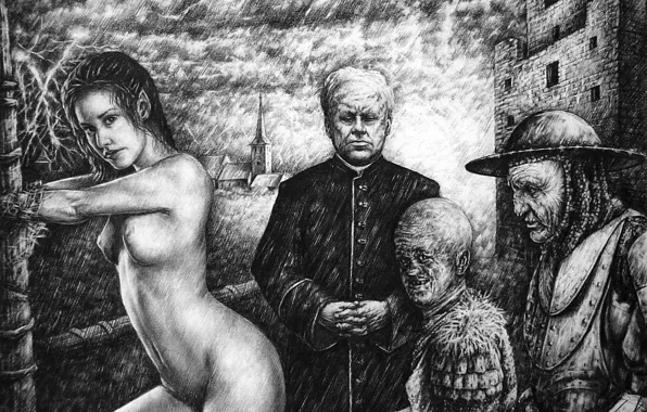 Girl, graphics, strokes, monk, witch, knight, the middle ages, the Inquisition