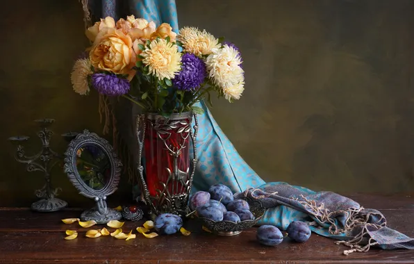 Flowers, table, roses, beauty, vase, fruit, still life, asters