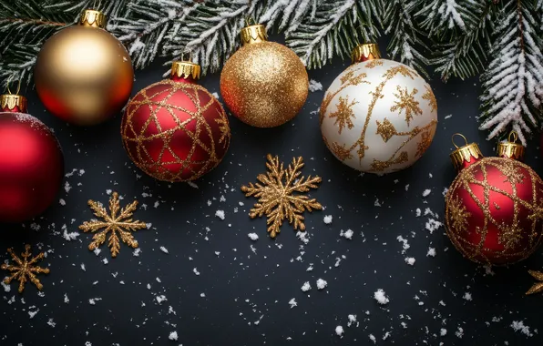 Frost, balls, snow, snowflakes, branches, the dark background, Christmas, red