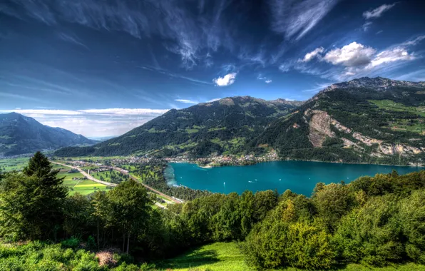 Greens, the sky, the sun, clouds, trees, mountains, lake, road