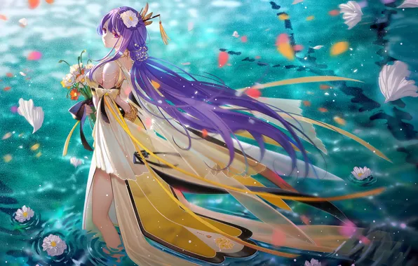 Water, girl, flowers, the evening, Vocaloid, long hair, TID