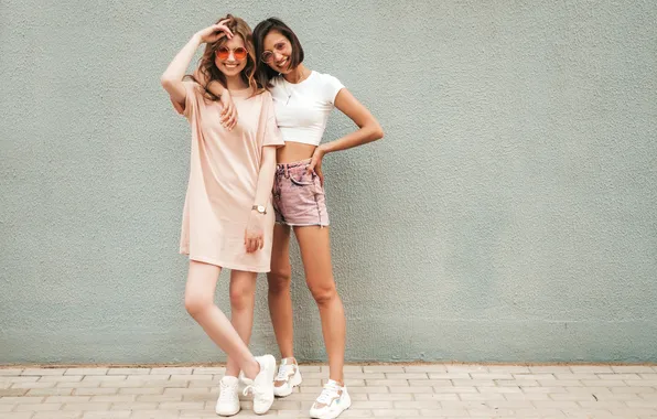 Picture girls, young, beautiful, two, smiling, hipster, trendy