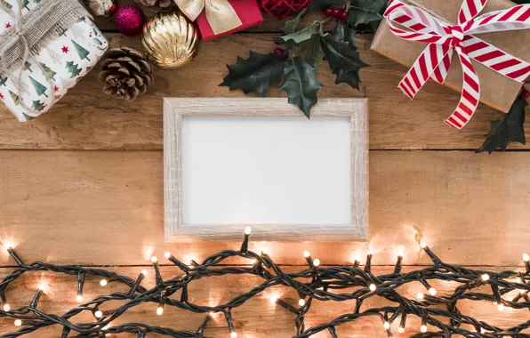 Decoration, frame, New Year, Christmas, gifts, garland, Christmas, wood