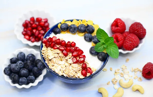 Berries, raspberry, Breakfast, blueberries, nuts, garnet, muesli, yogurt