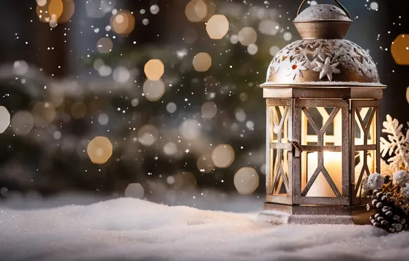 Winter, snow, night, Christmas, lantern, New year, Christmas, night
