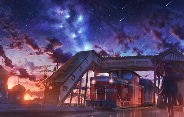 Girl, station, Starfall, waiting for a train