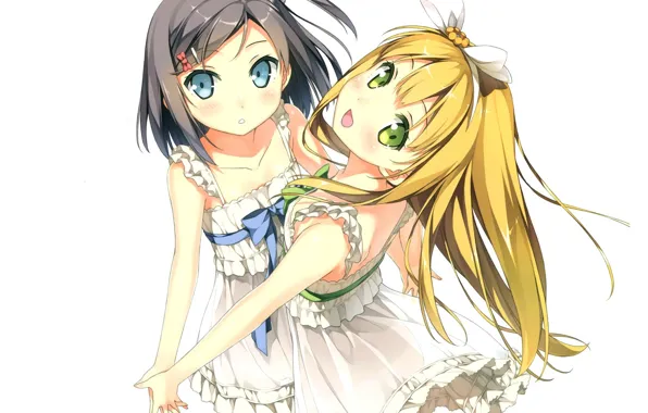 Face, white background, blush, friend, sundress, ruffles, tsukiko tsutsukakushi, ouji to warawanai neko