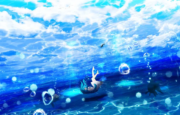 The sky, girl, fish, art, under water, Y_Y